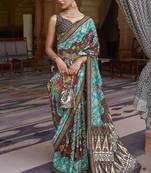 Brown printed silk saree with blouse