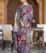 Grey printed silk saree with blouse