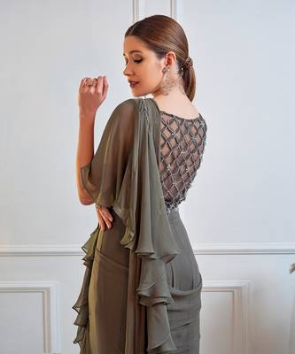 Dark Olive Ruffle Saree With Blouse 5