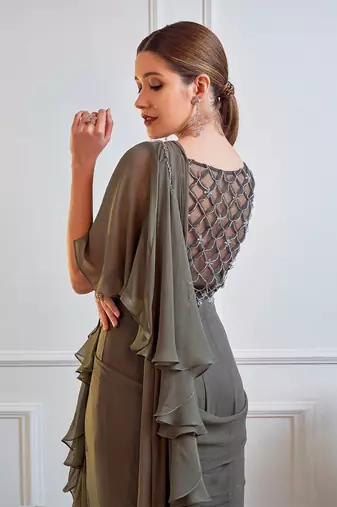 Dark Olive Ruffle Saree With Blouse