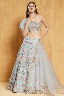 turquoise sequins zari and thread embroidered with foil mirror organza semi stitched lehenga 1