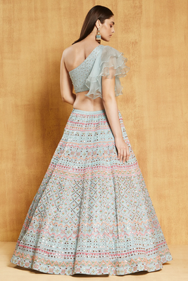 turquoise sequins zari and thread embroidered with foil mirror organza semi stitched lehenga 4