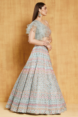 turquoise sequins zari and thread embroidered with foil mirror organza semi stitched lehenga 5