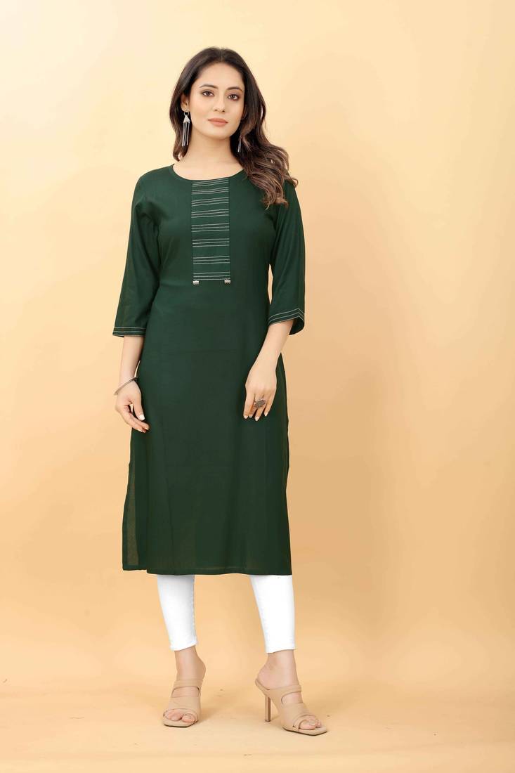 Dark-green plain viscose party-wear-kurtis