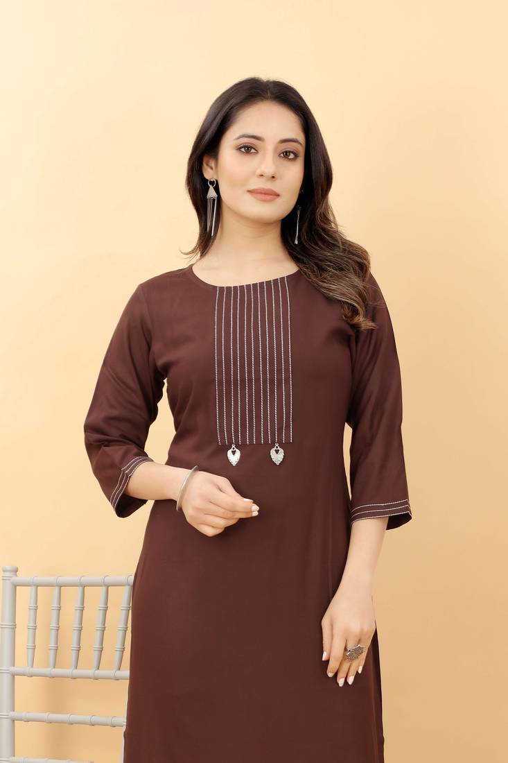 Brown plain viscose party-wear-kurtis