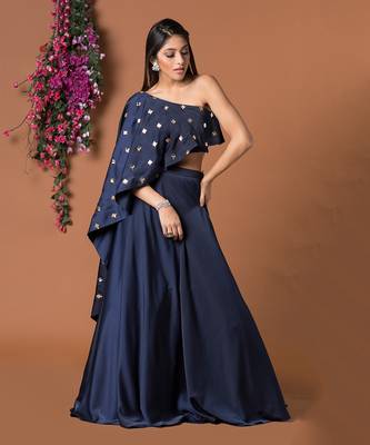 Navy Blue Cape Top And Lehenga Set 3