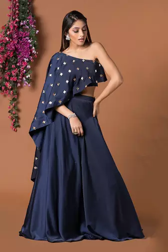 Navy Blue Cape Top And Lehenga Set