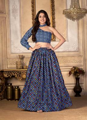 Navy-blue printed polyester unstitched choli with stitched lehenga 2