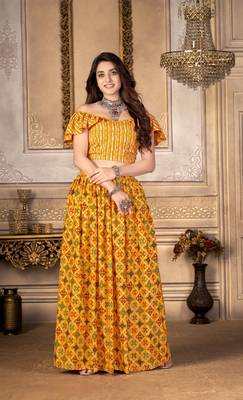 Mustard printed polyester unstitched choli with stitched lehenga 1