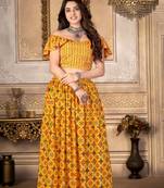 Mustard printed polyester unstitched choli with stitched lehenga