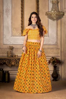 Mustard printed polyester unstitched choli with stitched lehenga 2