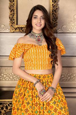 Mustard printed polyester unstitched choli with stitched lehenga 4