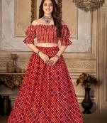 Red printed polyester unstitched choli with stitched lehenga