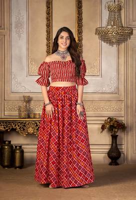 Red printed polyester unstitched choli with stitched lehenga 2