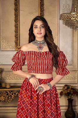 Red printed polyester unstitched choli with stitched lehenga 3
