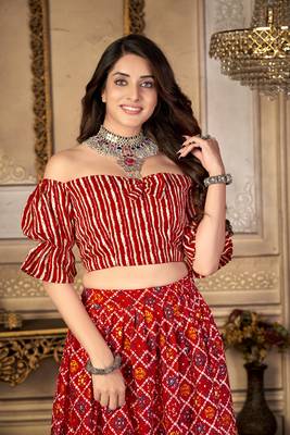 Red printed polyester unstitched choli with stitched lehenga 4