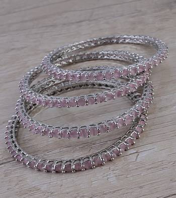 Rhodium Plated Baby Pink Stone Embellished Bangles BD675 1
