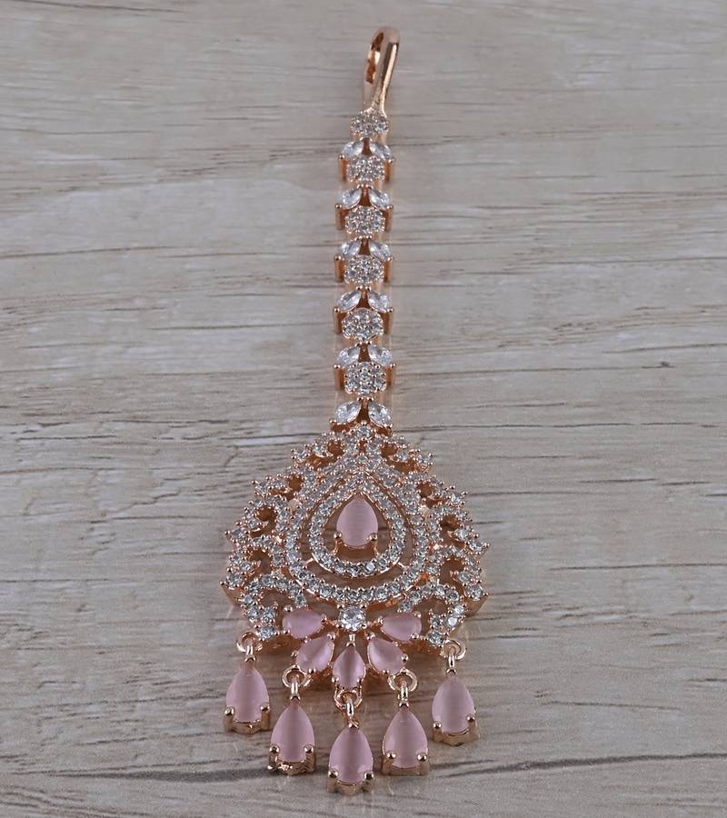 Rose Gold Plated CZ and PINK Stone Embellished Maang Tikka MTS164