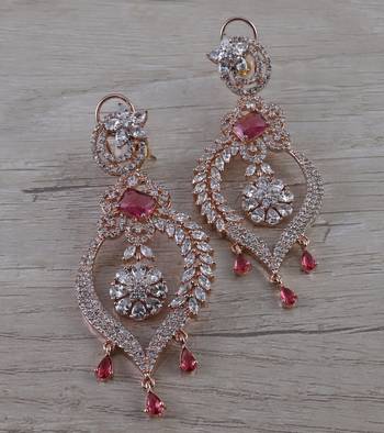 Rose Gold Plated Ruby Stone Cubic Zirconia Designer Dangler Earrings 216ED639 1