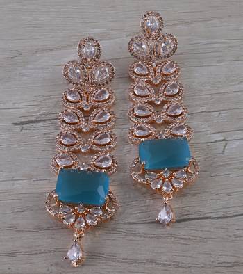 Rose Gold Plated Sky Blue Cubic Zirconia Designer Dangler Earrings 216ED640 1