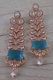 Rose Gold Plated Sky Blue Cubic Zirconia Designer Dangler Earrings 216ED640