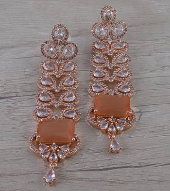 Rose Gold Plated Light Orange Cubic Zirconia Designer Dangler Earrings 216ED641 1