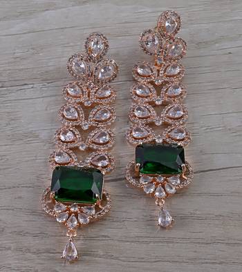 Rose Gold Plated Green Stone Cubic Zirconia Designer Dangler Earrings 216ED643 1