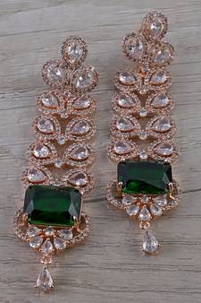Rose Gold Plated Green Stone Cubic Zirconia Designer Dangler Earrings 216ED643