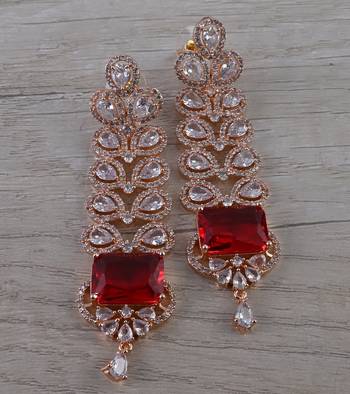 Rose Gold Plated Red Stone Cubic Zirconia Designer Dangler Earrings 216ED644 1