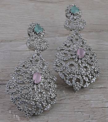 Rhodium Plated Pink and Mint Stone Cubic Zirconia Earrings 216ED648 1