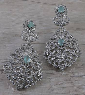 Rhodium Plated Mint Stone Cubic Zirconia Designer Dangler Earrings 216ED649 1