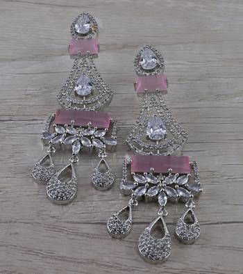 Rhodium Plated Pink Stone Cubic Zirconia Designer Dangler Earrings 216ED650 1