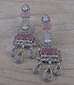 Rhodium Plated Pink Stone Cubic Zirconia Designer Dangler Earrings 216ED650