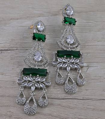 Rhodium Plated Green Stone Cubic Zirconia Designer Dangler Earrings 216ED651 1