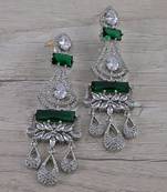 Rhodium Plated Green Stone Cubic Zirconia Designer Dangler Earrings 216ED651