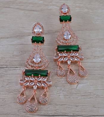 Rose Gold Plated Green Stone Cubic Zirconia Designer Dangler Earrings 216ED653 1