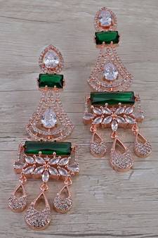 Rose Gold Plated Green Stone Cubic Zirconia Designer Dangler Earrings 216ED653