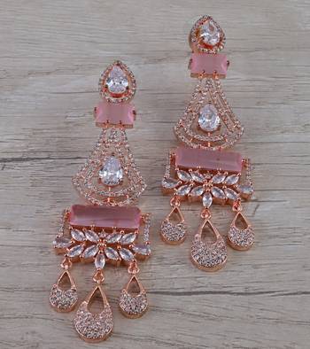 Rose Gold Plated Cubic Zirconia Designer Dangler Earrings 216ED655 1