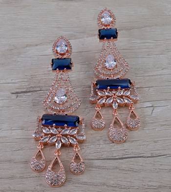Rose Gold Plated Blue Stone Cubic Zirconia Designer Dangler Earrings 216ED656 1