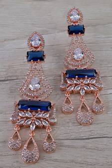 Rose Gold Plated Blue Stone Cubic Zirconia Designer Dangler Earrings 216ED656