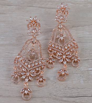 Rose Gold Plated Cubic Zirconia Designer Dangler Earrings 216ED663 1