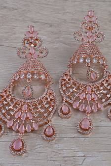 Rose Gold Plated Pink Stone Cubic Zirconia Designer Dangler Earrings 216ED666