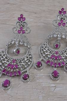 Rhodium Plated Ruby Stone Cubic Zirconia Designer Dangler Earrings 216ED667