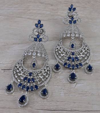 Rhodium Plated Blue Stone Cubic Zirconia Designer Dangler Earrings 216ED670 1