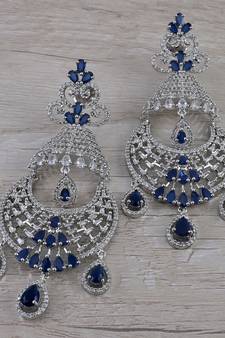 Rhodium Plated Blue Stone Cubic Zirconia Designer Dangler Earrings 216ED670