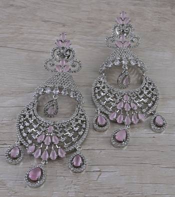 Rhodium Plated Pink Stone Cubic Zirconia Designer Dangler Earrings 216ED671 1
