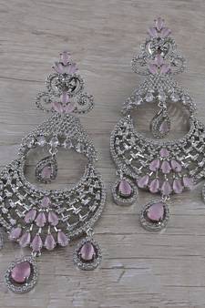Rhodium Plated Pink Stone Cubic Zirconia Designer Dangler Earrings 216ED671