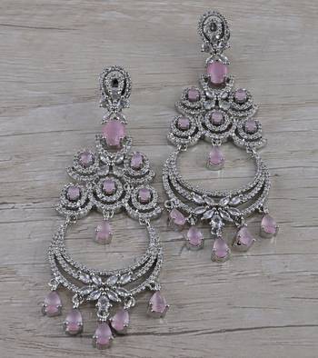 Rhodium Plated Pink Stone Cubic Zirconia Designer Dangler Earrings 216ED676 1