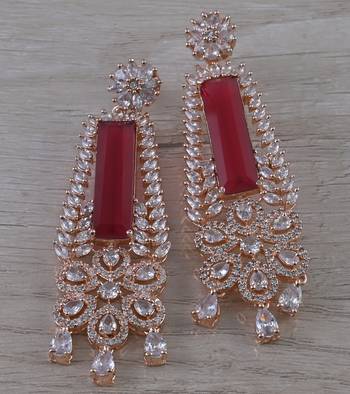 Rose Gold Plated Ruby Stone Cubic Zirconia Designer Dangler Earrings 216ED633 1