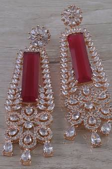 Rose Gold Plated Ruby Stone Cubic Zirconia Designer Dangler Earrings 216ED633